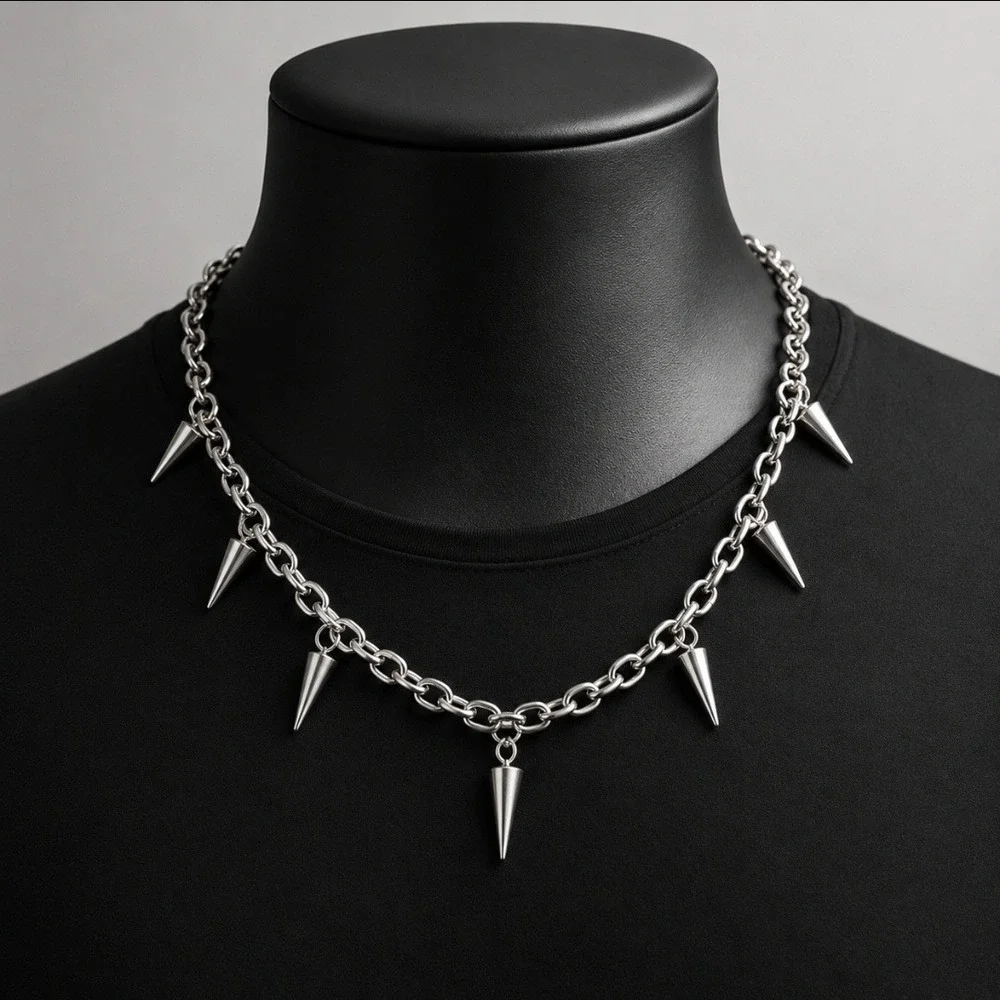 Mens Silver Tone Spike Chain Necklace Punk Goth Cable Link Streetwear Jewelry